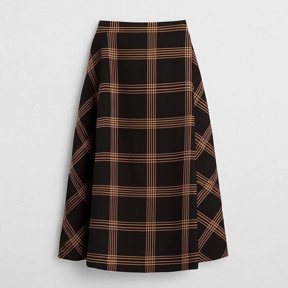Halogen Plaid A-Line Midi Skirt Black Mustard Check – Size XS – NWOT